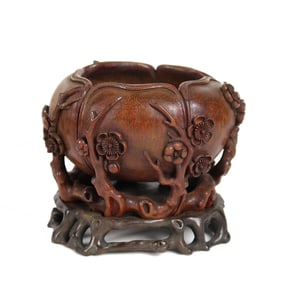 CARVED BAMBOO BRUSH WASHER WITH PRUNUS MOTIF
