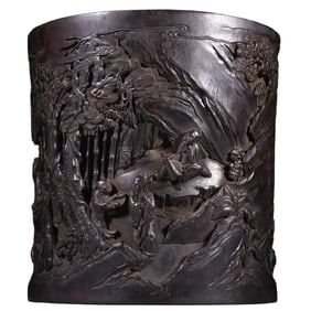 ZITAN BRUSH POT WITH “ASSEMBLY OF THE WORTHIES”