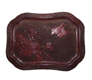 RARE CINNABAR LACQUER ‘CHRYSANTHEMUM AND BIRD’ TRAY