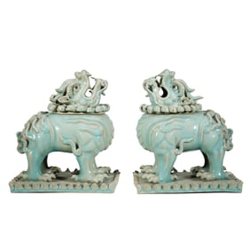 PAIR CELADON GLAZE LUDUAN INCENSE BURNERS