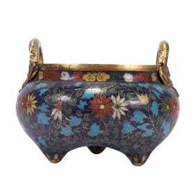 A CLOISONNE ENAMEL FLORAL SCROLLS TRIPOD CENSER