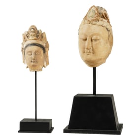 TWO MARBLE CARVING OF BODHISATTVA HEADS