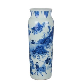 A BLUE AND WHITE FIGURES AMONG LANDSCAPE SLEEVE VASE