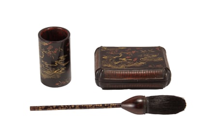 A SET OF LACQUER GILT LITERATI ITEMS