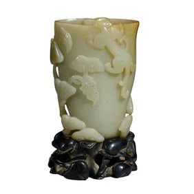A CARVED WHITE JADE CHILONG CUP