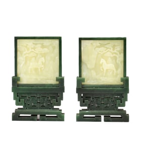 PAIR CARVED WHITE JADE INLAID SPINACH GREEN JADE TABLE SCREENS