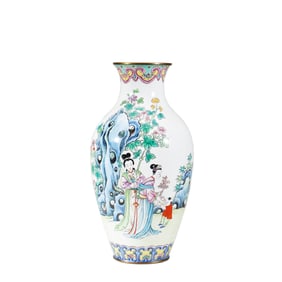 A PAINTED ENAMEL LONG ELIZA VASE