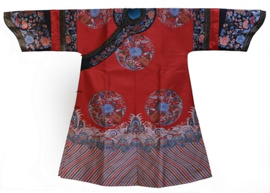 EMBROIDERED RED SILK COURT ROBE WITH EIGHT ROUNDELS