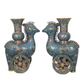 PAIR CHINESE IMPERIAL CLOISONNE ENAMEL MYTHICAL BIRDS VESSELS