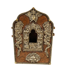 A TIBETAN BRONZE PORTABLE SHRINE GAU