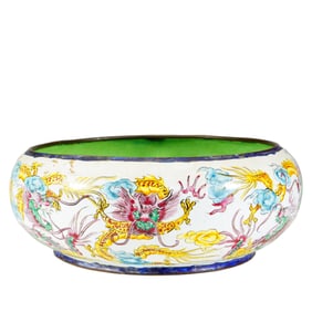 A PAINTED ENAMEL BRONZE DRAGON WASHER