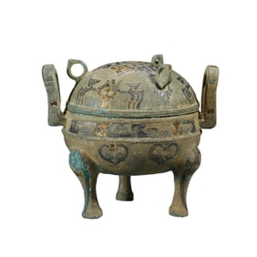 A GOLD AND SILVER INLAID BRONZE TRIPOD VESSEL