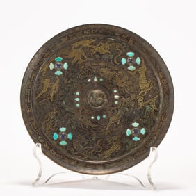 A HARDSTONES INLAID GOLD DECORATED BRONZE MIRROR