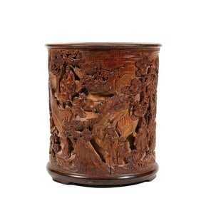 A CARVED BAMBOO FIGURES AMONG LANDSCPA BRUSHPOT