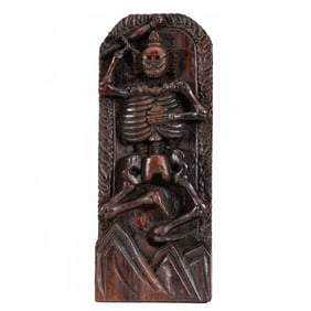A TIBETAN CARVED WOODEN PLAQUE OF CHITIPATI
