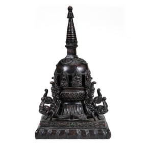 AN EXTREMELY RARE CARVED ROSEWOOD STUPA
