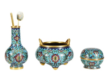 A SET OF THREE CLOISONNE ENAMEL INCENSE TOOLS