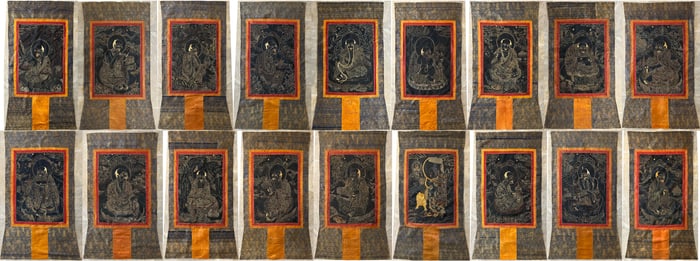 A SET OF EIGHTEEN EMBROIDERED THANGKAS OF ARHATS GROUP