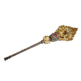 A TIBETAN BRONZE-GILT AND IRON KHATVANGA