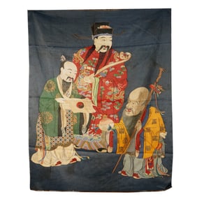 A KESI EMBROIDERED GODS OF PROSPERITY, STATUS AND LONGEVITY HANGING PANEL