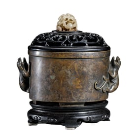 A BRONZE CHILONG CENSER WITH COVER AND STAND