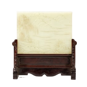A CARVED WHITE JADE INLAID WOODEN TABLE SCREEN