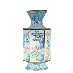 A PAINTED ENAMEL BRONZE DEERS VASE