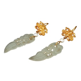 PAIR SILVER-GILT WITH JADE PENDANT EARRINGS