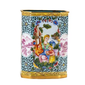 A PAINTED ENAMEL BRUSHPOT