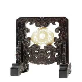 A WHITE JADE DISC INLAID ROSEWOOD TABLE SCREEN