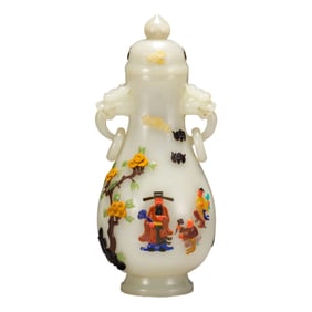 A HARDSTONES INLAID JADE VASE WITH COVER