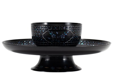 A MOP INLAID LACQUER CUP WITH STAND