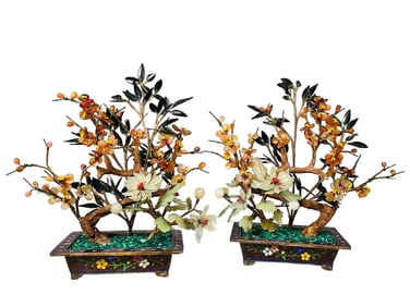 PAIR OF JADEITE AND STONE-INLAID FLORAL BONSAI ORNAMENTS