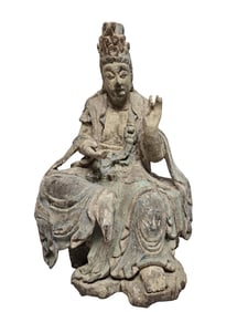 PAINTED CARVED ANTIQUE CHINESE SEATED GUAN YIN