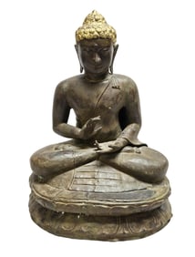 OLD LARGE BRONZE SEATED BUDDHA WITH GILT HAIR