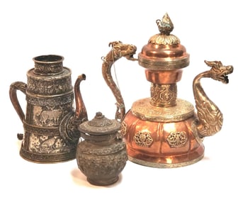 THREE INDO TIBETAN EWERS WITH DRAGON SPOUT, EARLY 20TH