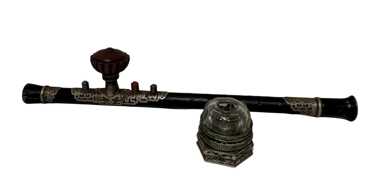 A CHINESE HARDSTONES INLAID OPIUM PIPE (1 of 13)