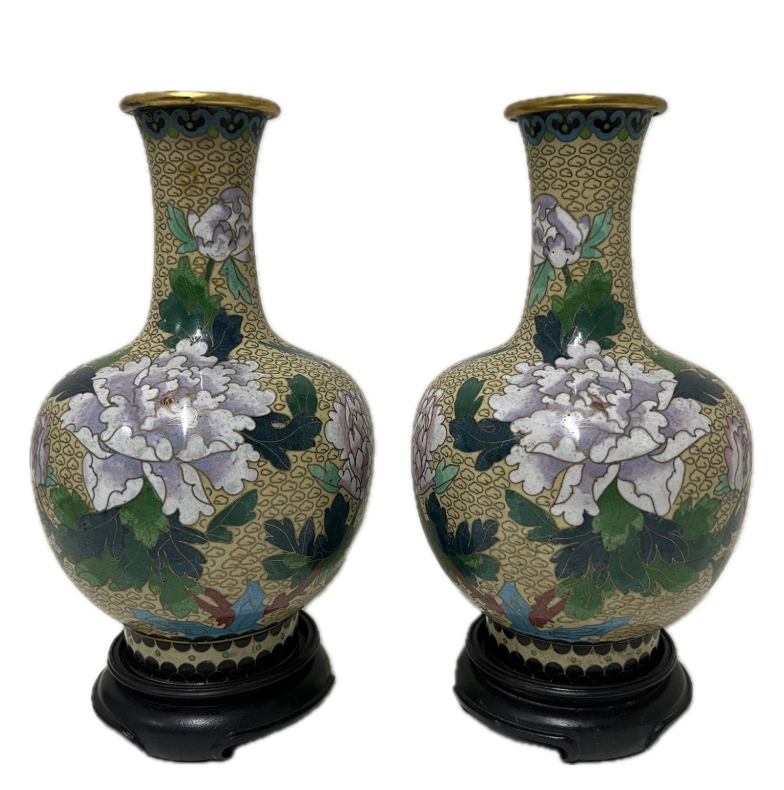 PAIR CLOISONNE ENAMEL PEONY VASES (1 of 8)