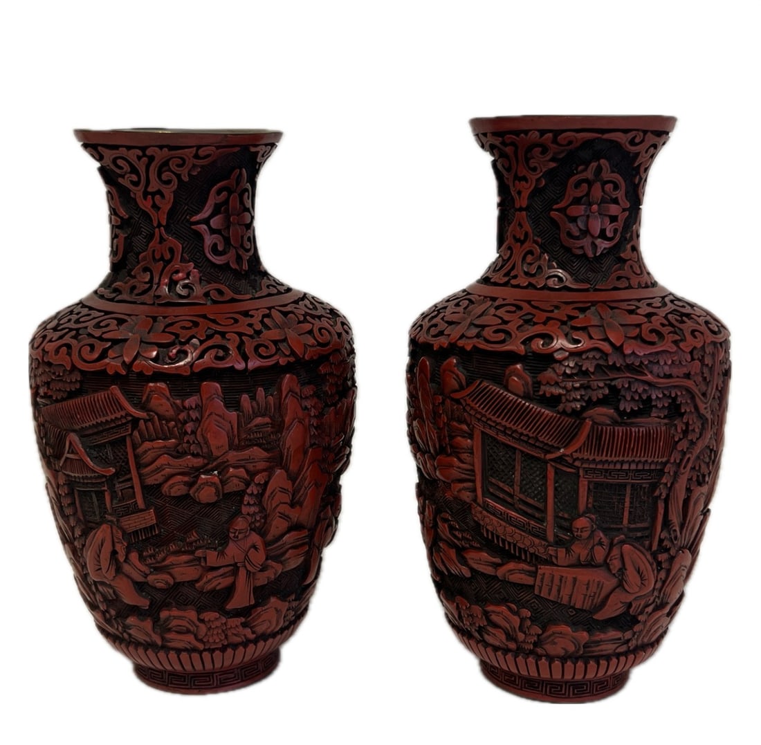 PAIR CARVED CINNABAR LACQUER FIGURAL STORY VASES (1 of 14)