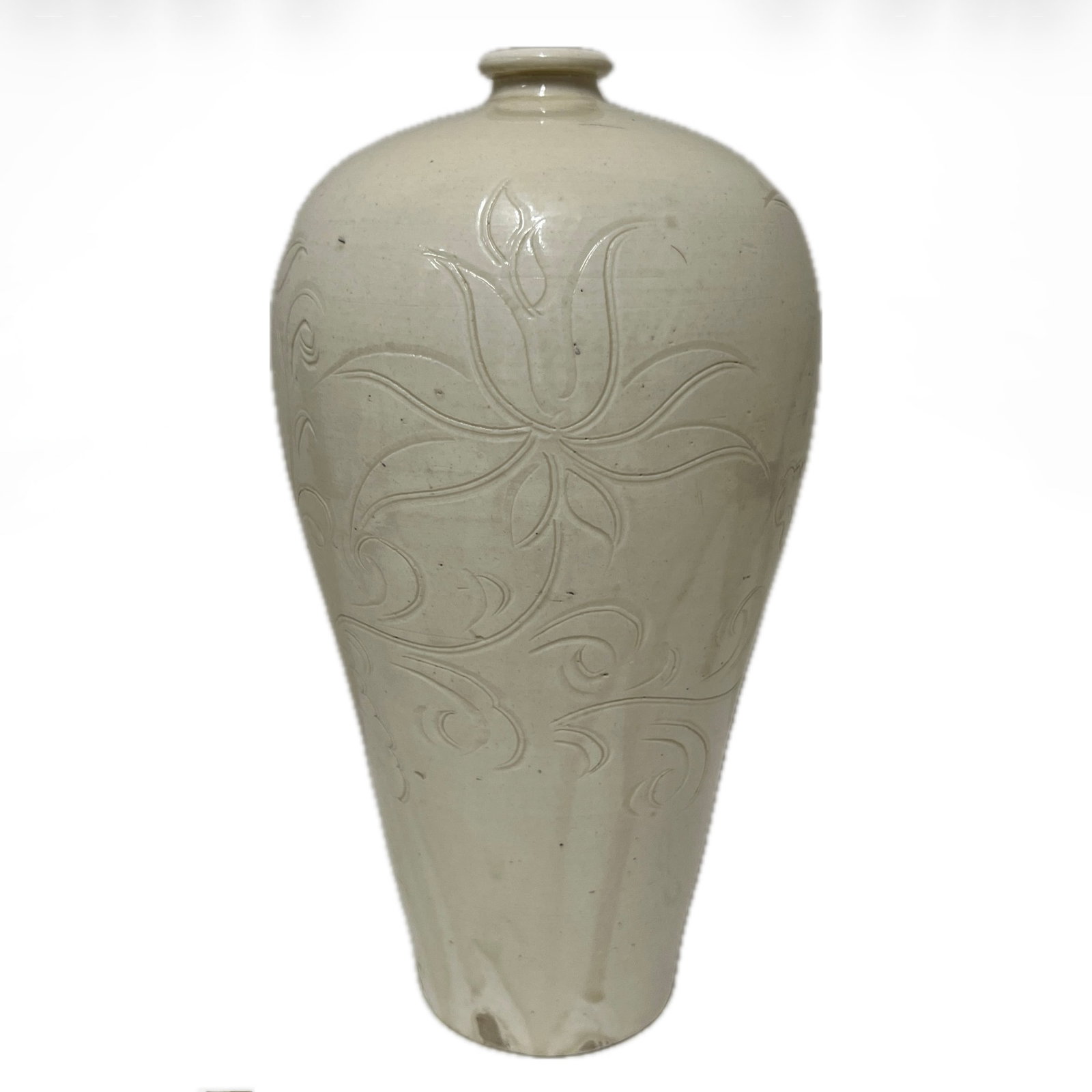 A WHITE GLAZE LOTUS VASE MEIPING: A WHITE GLAZE LOTUS VASE MEIPING Of baluster shape, incised with lotus spray at the belly. FROM NEW YORK COLLECTOR. DIMENSION: H. 26 cm. A LIST OF RECOMMENDED THIRD-PARTY SHIPPER IS AVAILABLE UNDER