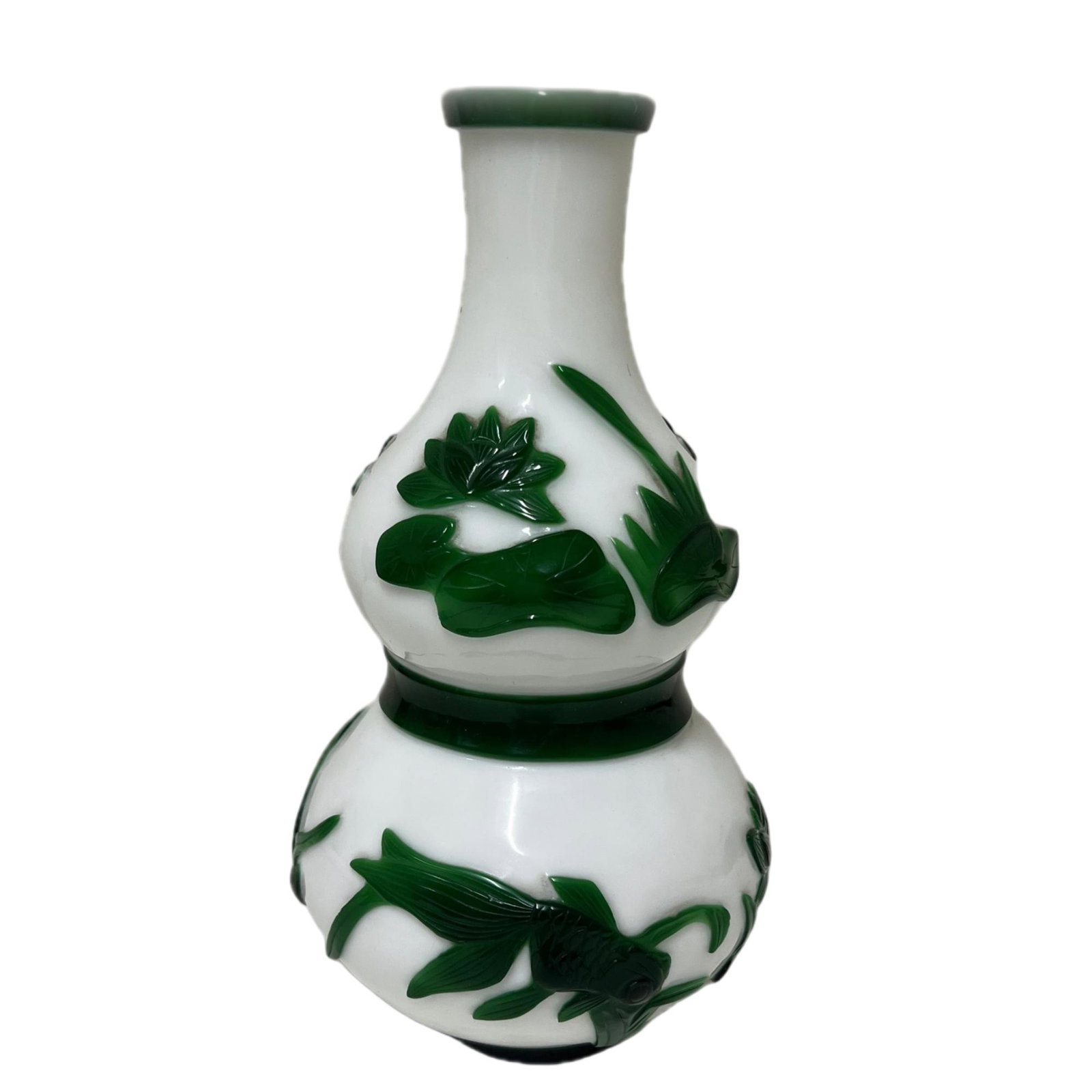 A PEKING GLASS DOUBLE GOURDS VASE: A PEKING GLASS DOUBLE GOURDS VASE Decorated with lotus pond scene at the exterior. FROM NEW YORK COLLECTOR. DIMENSION: H. 23 cm. A LIST OF RECOMMENDED THIRD-PARTY SHIPPER IS AVAILABLE UNDER SHIPPING