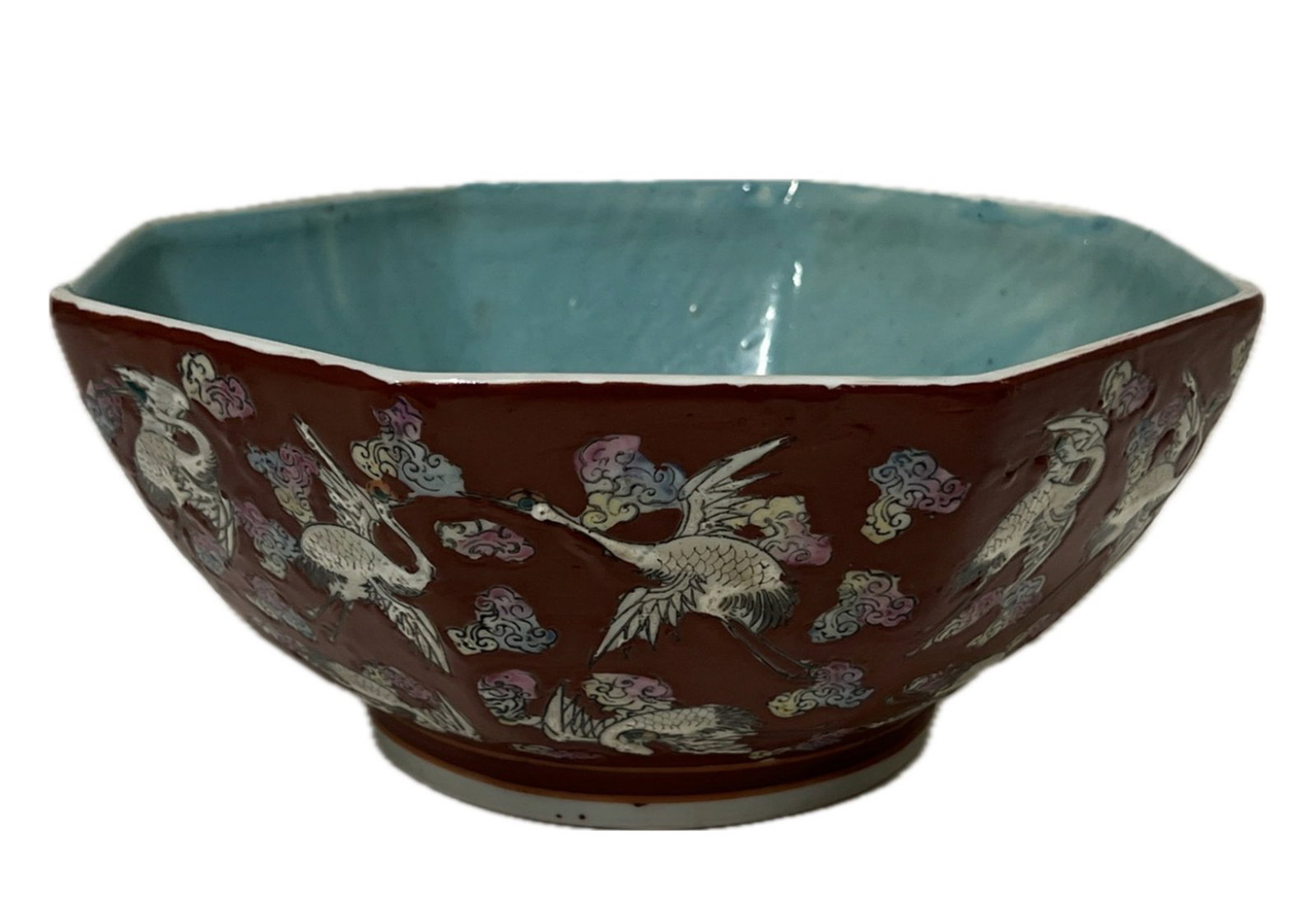 A FAMILLE ROSE CRANES AND CLOUDS BOWL: A FAMILLE ROSE CRANES AND CLOUDS BOWL Decorated with cranes and clouds at the exterior. DIMENSION: Diam. 24 cm. A LIST OF RECOMMENDED THIRD-PARTY SHIPPER IS AVAILABLE UNDER SHIPPING INFORMATION.