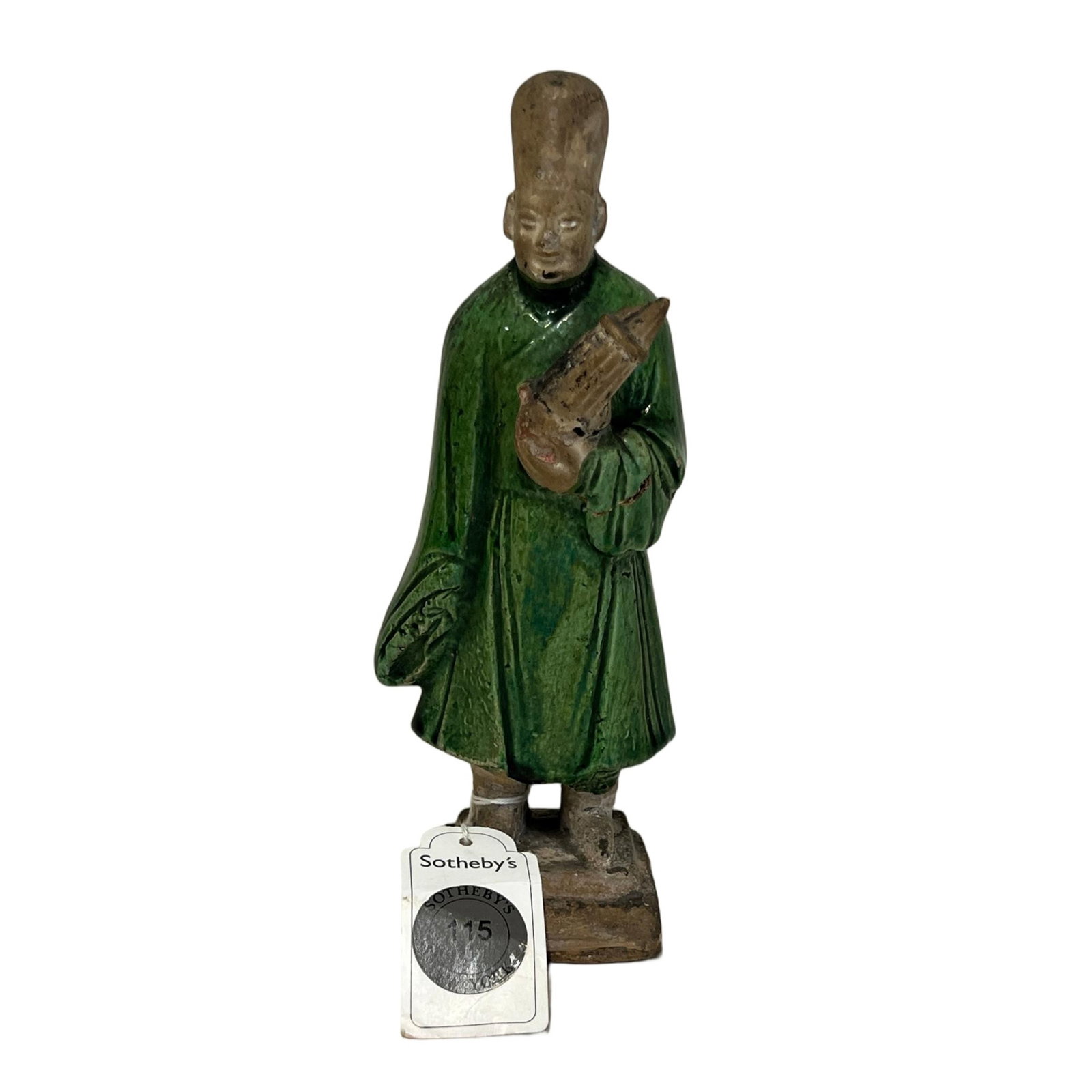 A SANCAI GLAZE POTTERY FIGURE: A SANCAI GLAZE POTTERY FIGURE The standing figure adorn with long tossing robe, highlight in green enamels. DIMENSION: H. 20 cm. A LIST OF RECOMMENDED THIRD-PARTY SHIPPER IS AVAILABLE UNDER SHIPPING