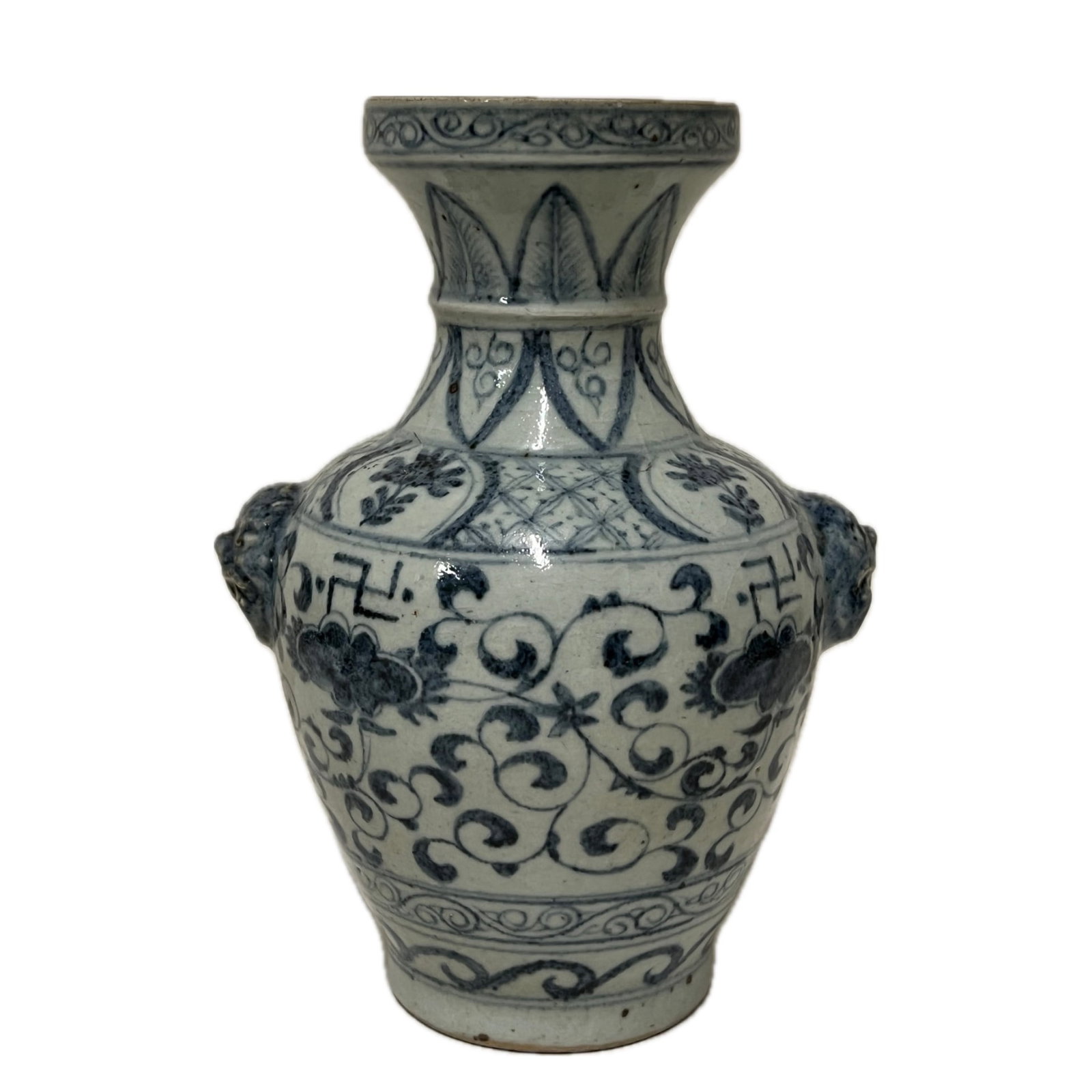A BLUE AND WHITE VASE WITH HANDLES: A BLUE AND WHITE VASE WITH HANDLES Of baluster shape, decorated with flower scrolls at the exterior. FROM NEW YORK COLLECTOR. DIMENSION: H. 22 cm. A LIST OF RECOMMENDED THIRD-PARTY SHIPPER IS