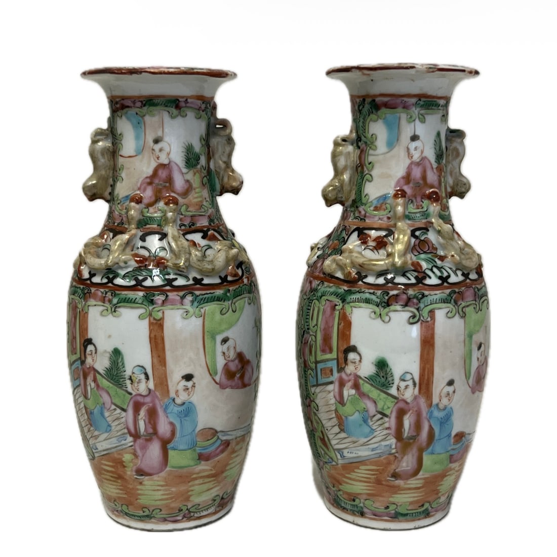 PAIR CANTONESE FAMILLE ROSE FIGURAL STORY VASES: PAIR CANTONESE FAMILLE ROSE FIGURAL STORY VASES Each of baluster shape, decorated with figural story at the belly. DIMENSION: H. 21 cm. A LIST OF RECOMMENDED THIRD-PARTY SHIPPER IS AVAILABLE UNDER