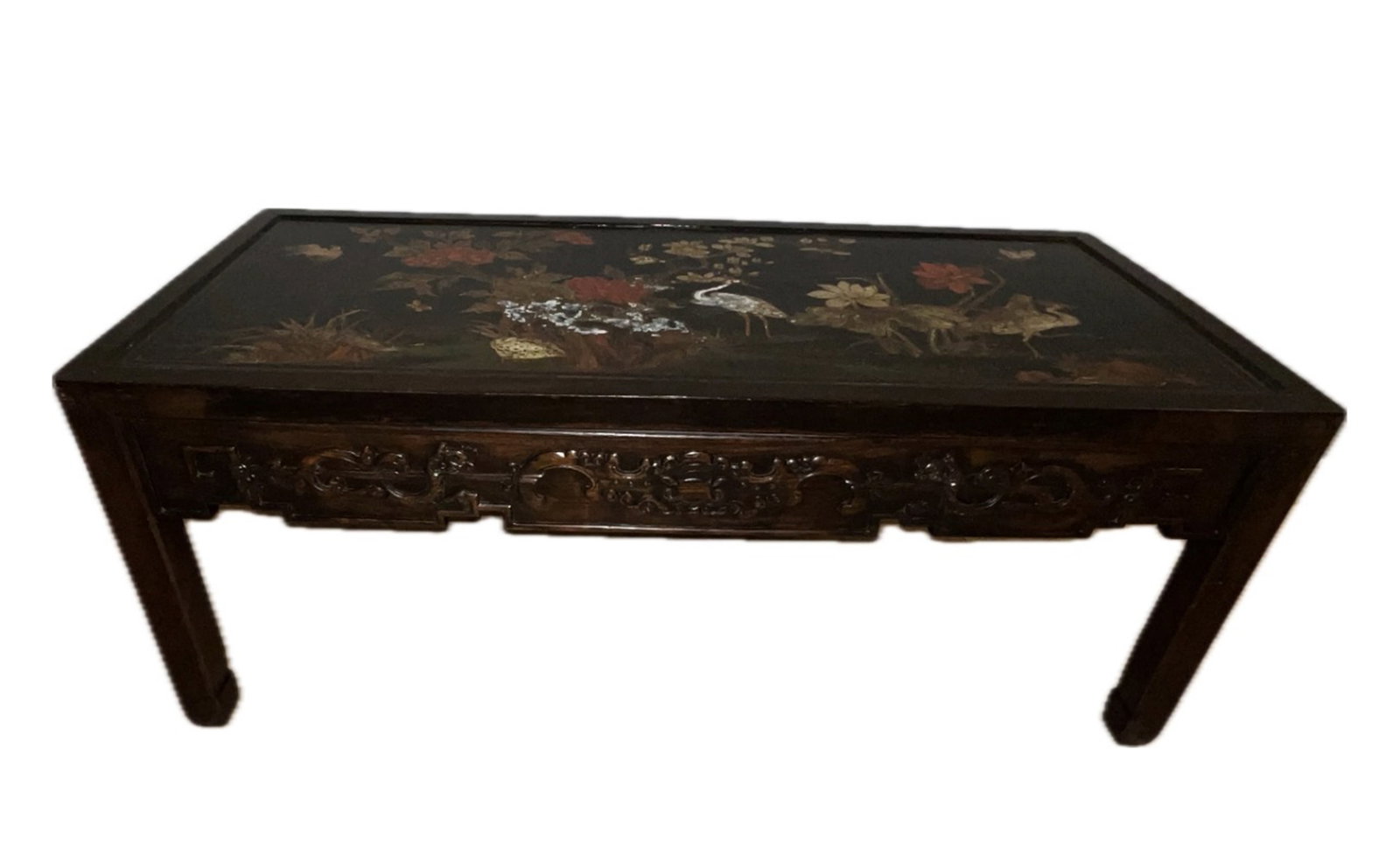 A POLYCHROME PAINTED LACQUER LONG TABLE: A POLYCHROME PAINTED LACQUER LONG TABLE Decorated with cranes among garden at the top surface. DIMENSION: A LIST OF RECOMMENDED THIRD-PARTY SHIPPER IS AVAILABLE UNDER SHIPPING INFORMATION. PLEASE FEEL