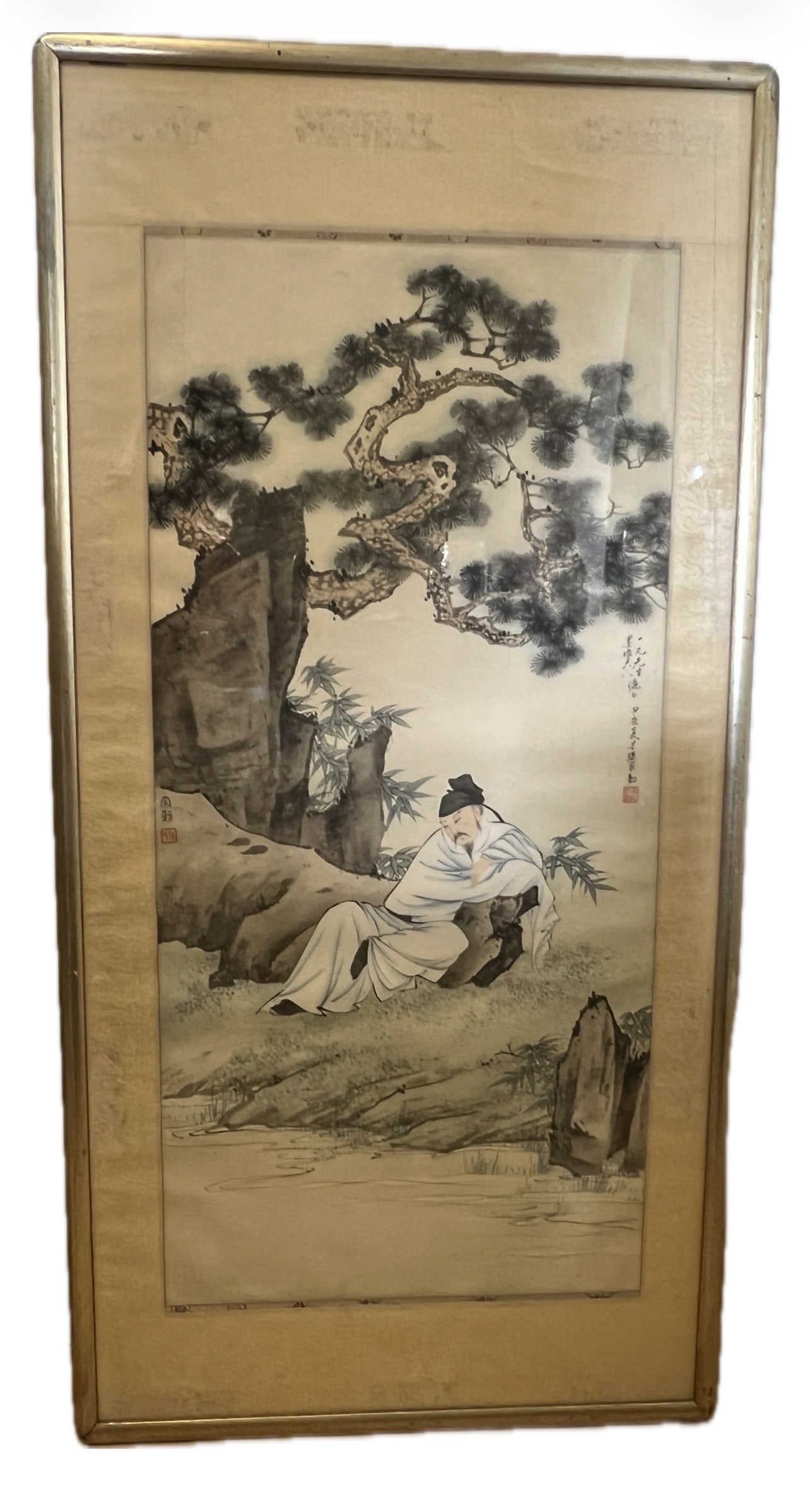 A CHINESE PAINTING OF SCHOLAR: A CHINESE PAINTING OF SCHOLAR The painting depicting scholar under pine, inscribed, framed. DIMENSION: A LIST OF RECOMMENDED THIRD-PARTY SHIPPER IS AVAILABLE UNDER SHIPPING INFORMATION. PLEASE FEEL
