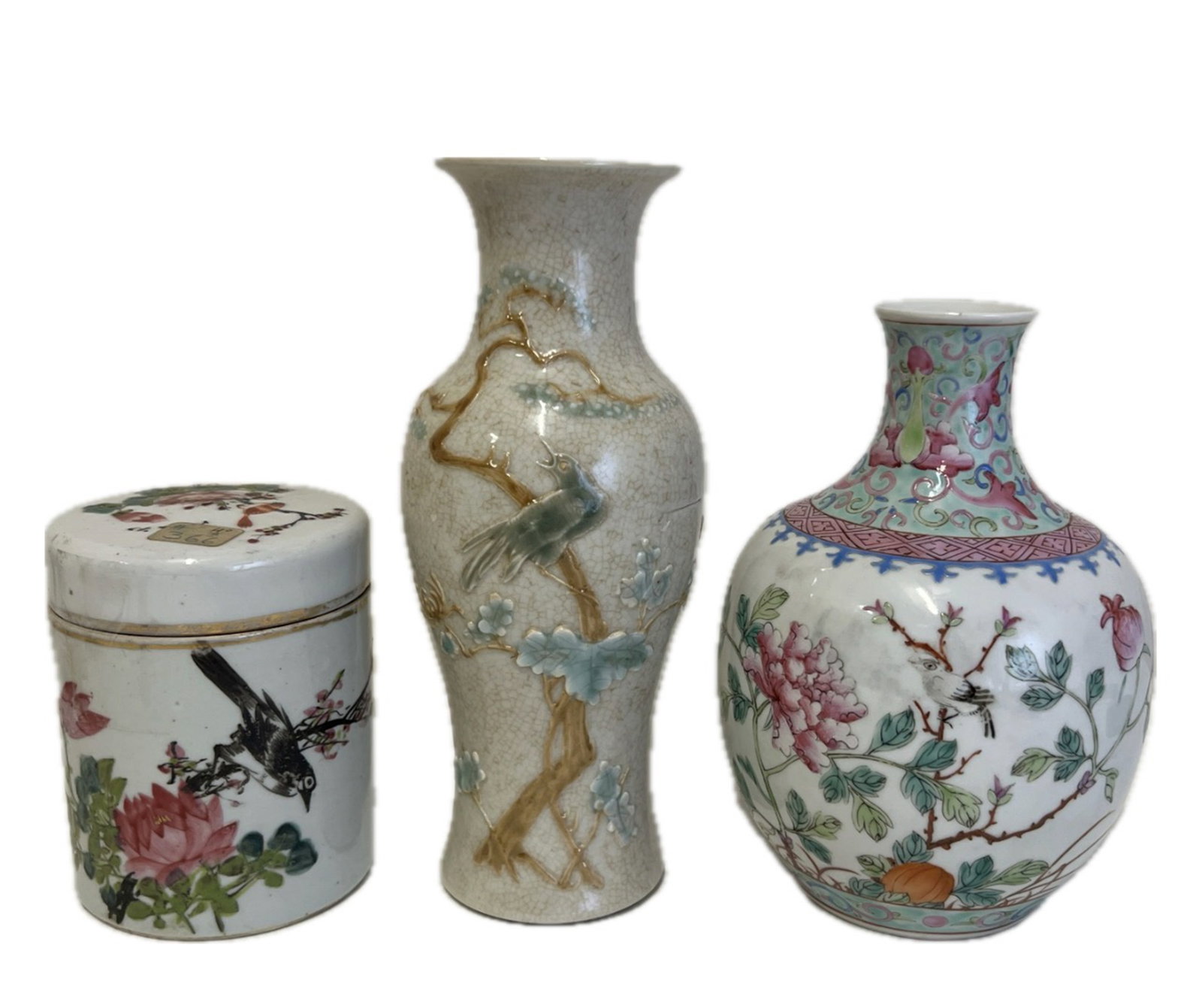 THREE FAMILLE ROSE FLOWER AND BIRDS VASE (1 of 9)