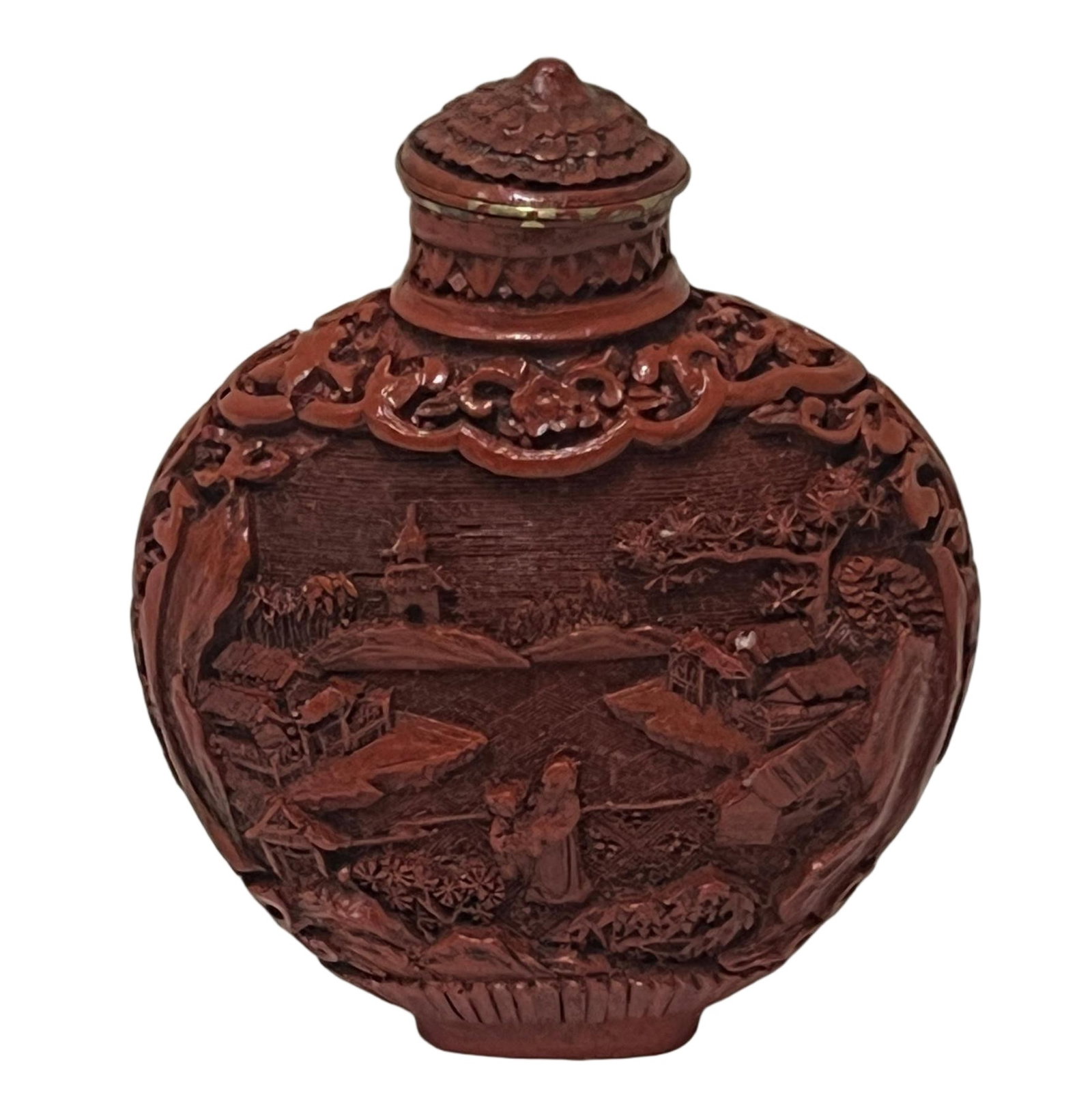 A CARVED CINNABAR LACQUER SNUFF BOTTLE WITH COVER: A CARVED CINNABAR LACQUER SNUFF BOTTLE WITH COVER Of flatten ovoid shape, decorated with figure among landscape. DIMENSION: H. 7 cm. A LIST OF RECOMMENDED THIRD-PARTY SHIPPER IS AVAILABLE UNDER SHIPPI