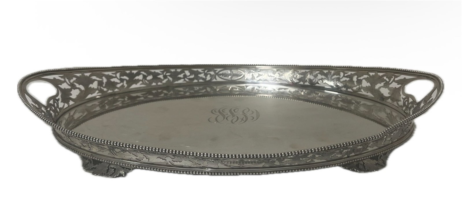 A OVAL STELLING SILVER GALLERY TRAY WITH MARK (1 of 13)
